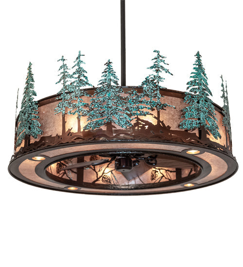 Meyda Lighting Tall Pines 45" 16-Light Vintage Copper & Oil Rubbed Bronze Chandelier With Silver Mica Shade Glass and Fan