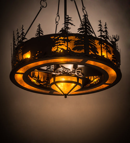 Meyda Lighting Tall Pines 45" 19-Light Black Wildlife Chandelier With Amber Mica Shade Glass and Fan