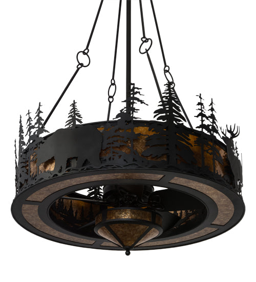 Meyda Lighting Tall Pines 45" 19-Light Black Wildlife Chandelier With Amber Mica Shade Glass and Fan