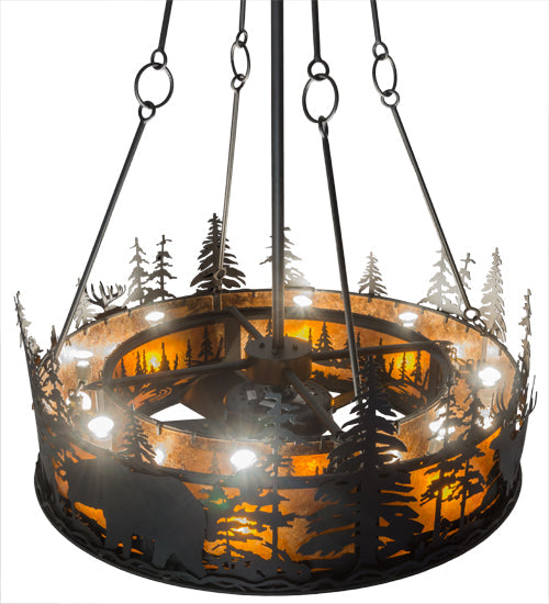 Meyda Lighting Tall Pines 45" 19-Light Black Wildlife Chandelier With Amber Mica Shade Glass and Fan