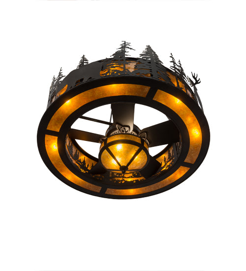 Meyda Lighting Tall Pines 45" 19-Light Black Wildlife Chandelier With Amber Mica Shade Glass and Fan
