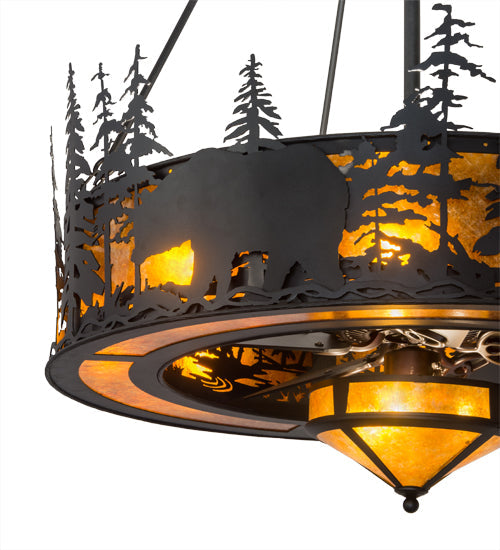 Meyda Lighting Tall Pines 45" 19-Light Black Wildlife Chandelier With Amber Mica Shade Glass and Fan