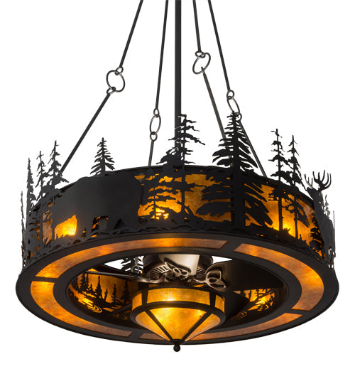 Meyda Lighting Tall Pines 45" 19-Light Black Wildlife Chandelier With Amber Mica Shade Glass and Fan
