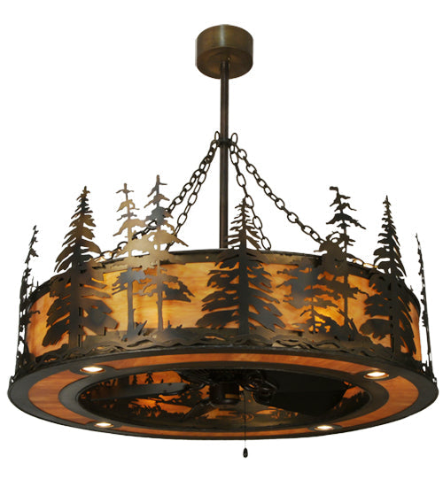 Meyda Lighting Tall Pines 45" 20-Light Dark Burnished Antique Copper Chandelier With Ambra Siena Idalight Shade Glass and Fan