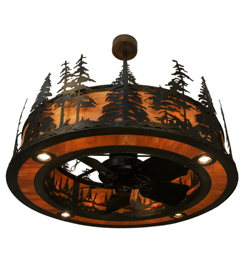 Meyda Lighting Tall Pines 45" 20-Light Dark Burnished Antique Copper Chandelier With Ambra Siena Idalight Shade Glass and Fan