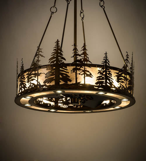 Meyda Lighting Tall Pines 45" 24-Light Antique Copper Chandelier With Silver Mica Shade Glass and Fan