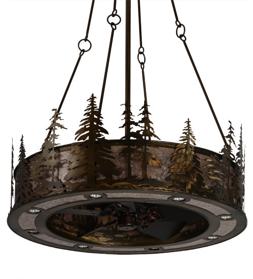 Meyda Lighting Tall Pines 45" 24-Light Antique Copper Chandelier With Silver Mica Shade Glass and Fan