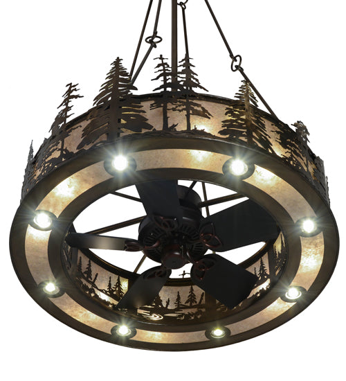 Meyda Lighting Tall Pines 45" 24-Light Antique Copper Chandelier With Silver Mica Shade Glass and Fan
