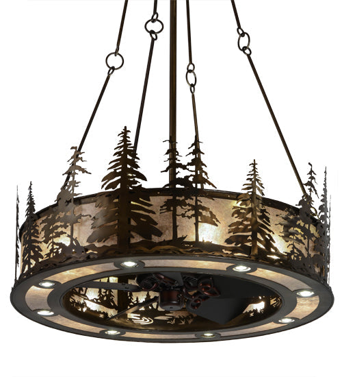 Meyda Lighting Tall Pines 45" 24-Light Antique Copper Chandelier With Silver Mica Shade Glass and Fan