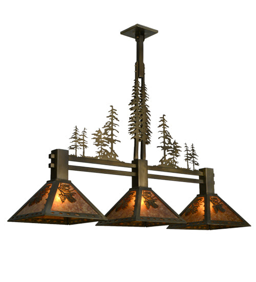 Meyda Lighting Tall Pines 45" 3-Light Antique Copper Island Pendant Light With Amber Mica Shade Glass