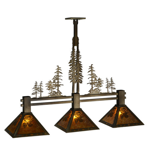 Meyda Lighting Tall Pines 45" 3-Light Antique Copper Island Pendant Light With Amber Mica Shade Glass