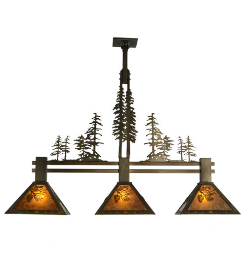 Meyda Lighting Tall Pines 45" 3-Light Antique Copper Island Pendant Light With Amber Mica Shade Glass