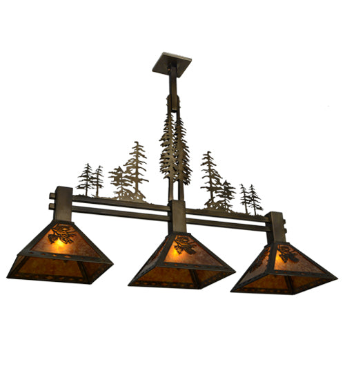 Meyda Lighting Tall Pines 45" 3-Light Antique Copper Island Pendant Light With Amber Mica Shade Glass