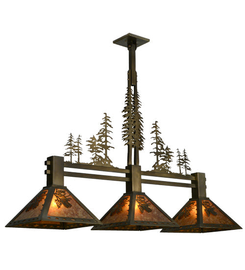 Meyda Lighting Tall Pines 45" 3-Light Antique Copper Island Pendant Light With Amber Mica Shade Glass
