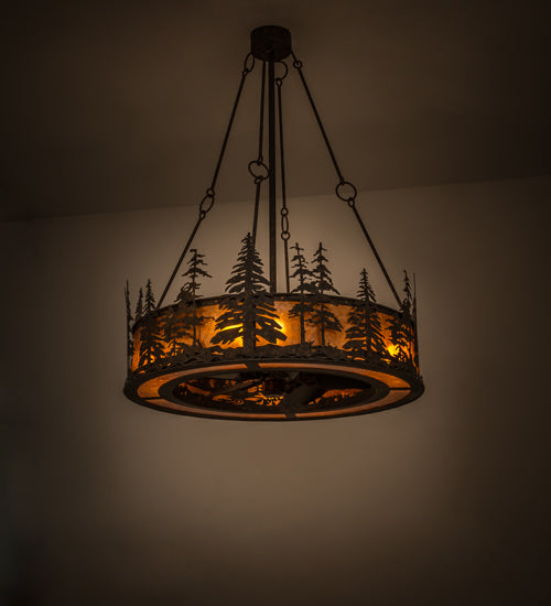 Meyda Lighting Tall Pines 45" 8-Light Copper Rust Chandelier With Amber Mica Shade Glass and Fan