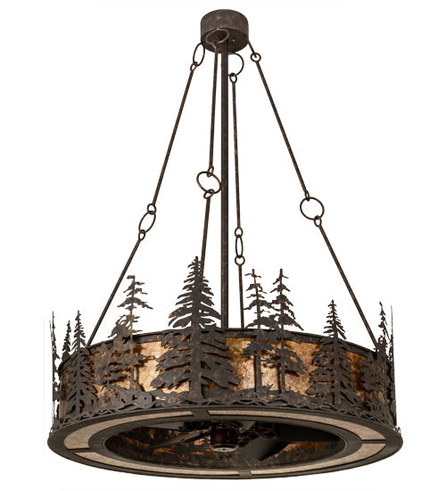 Meyda Lighting Tall Pines 45" 8-Light Copper Rust Chandelier With Amber Mica Shade Glass and Fan