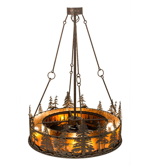 Meyda Lighting Tall Pines 45" 8-Light Copper Rust Chandelier With Amber Mica Shade Glass and Fan