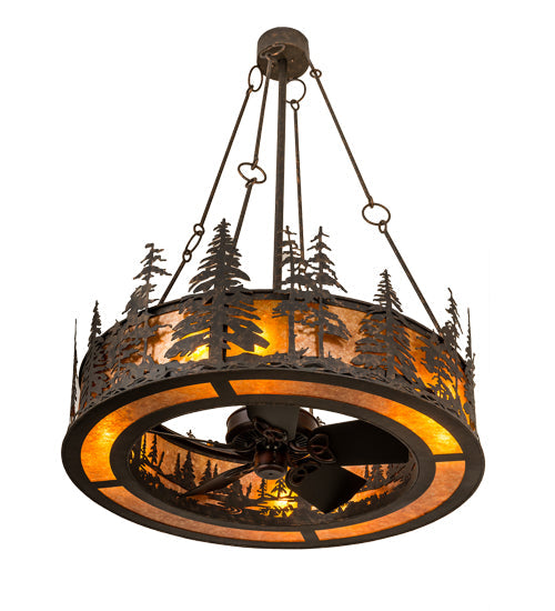Meyda Lighting Tall Pines 45" 8-Light Copper Rust Chandelier With Amber Mica Shade Glass and Fan