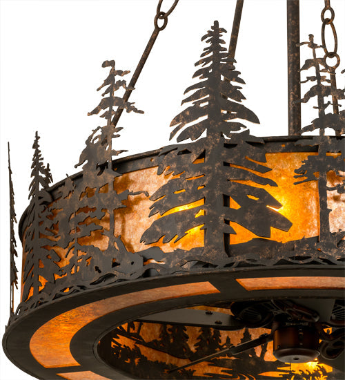Meyda Lighting Tall Pines 45" 8-Light Copper Rust Chandelier With Amber Mica Shade Glass and Fan