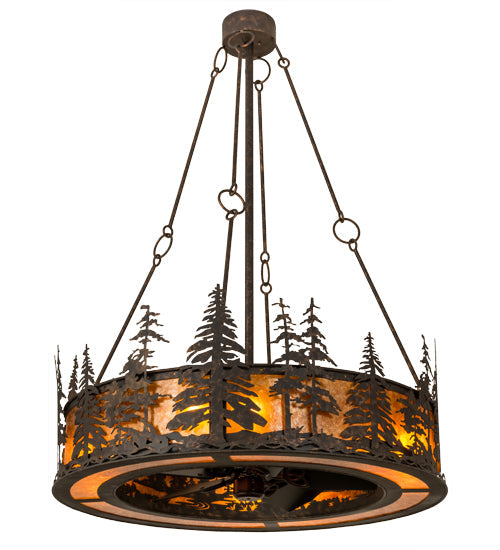 Meyda Lighting Tall Pines 45" 8-Light Copper Rust Chandelier With Amber Mica Shade Glass and Fan