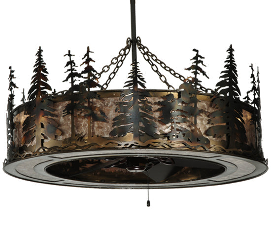 Meyda Lighting Tall Pines 45" 8-Light Dark Burnished Antique Copper Chandelier With Silver Mica Shade Glass and Fan