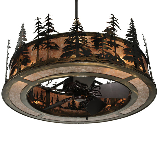 Meyda Lighting Tall Pines 45" 8-Light Dark Burnished Antique Copper Chandelier With Silver Mica Shade Glass and Fan