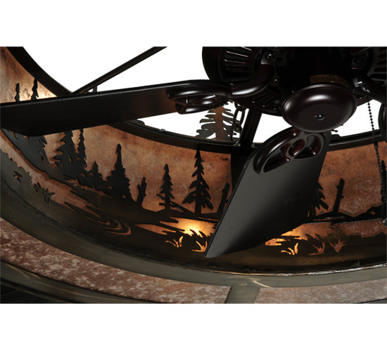 Meyda Lighting Tall Pines 45" 8-Light Dark Burnished Antique Copper Chandelier With Silver Mica Shade Glass and Fan