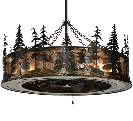 Meyda Lighting Tall Pines 45" 8-Light Dark Burnished Antique Copper Chandelier With Silver Mica Shade Glass and Fan
