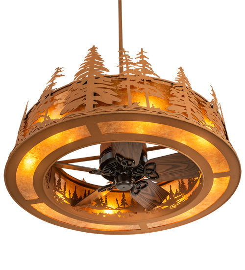 Meyda Lighting Tall Pines 45" 8-Light Oil Rubbed Bronze Chandelier With Amber Mica Shade Glass and Fan