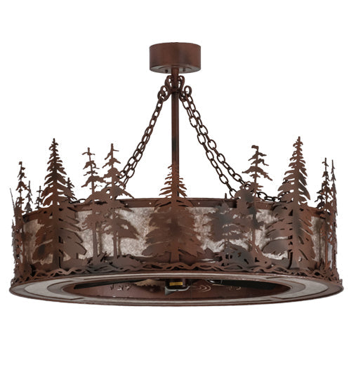 Meyda Lighting Tall Pines 45" 8-Light Rust Wrought Iron Chandelier With Silver Mica Shade Glass and 30" Black Fan