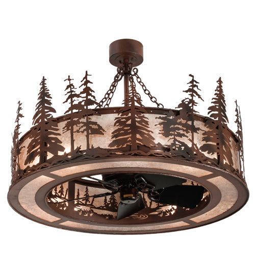 Meyda Lighting Tall Pines 45" 8-Light Rust Wrought Iron Chandelier With Silver Mica Shade Glass and 30" Black Fan