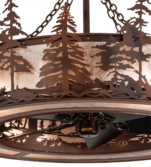 Meyda Lighting Tall Pines 45" 8-Light Rust Wrought Iron Chandelier With Silver Mica Shade Glass and 30" Black Fan