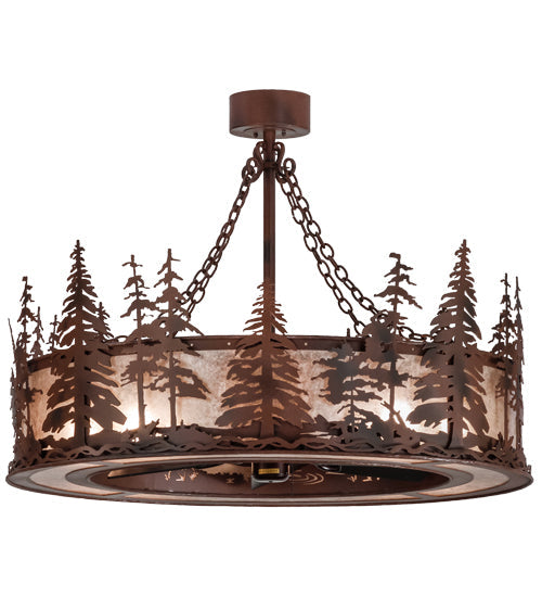 Meyda Lighting Tall Pines 45" 8-Light Rust Wrought Iron Chandelier With Silver Mica Shade Glass and 30" Black Fan