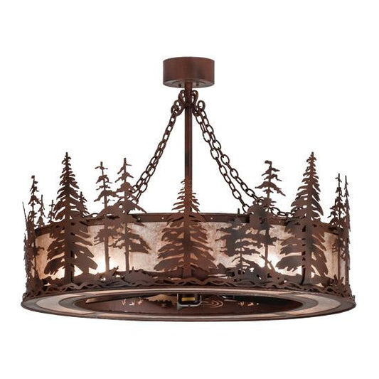Meyda Lighting Tall Pines 45" 8-Light Rust Wrought Iron Chandelier With Silver Mica Shade Glass and 30" Black Fan