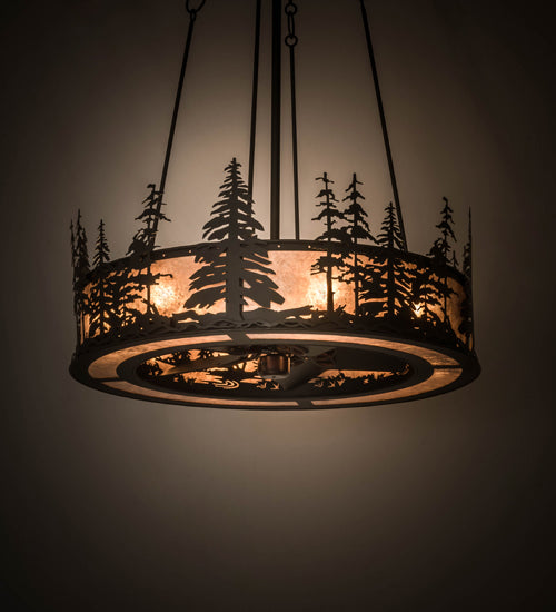 Meyda Lighting Tall Pines 45" 8-Light Satin Black Wrought Iron Chandelier With Silver Mica Shade Glass and Fan