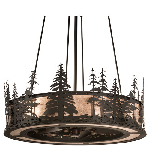 Meyda Lighting Tall Pines 45" 8-Light Satin Black Wrought Iron Chandelier With Silver Mica Shade Glass and Fan