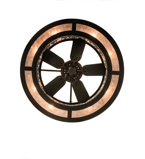Meyda Lighting Tall Pines 45" 8-Light Satin Black Wrought Iron Chandelier With Silver Mica Shade Glass and Fan