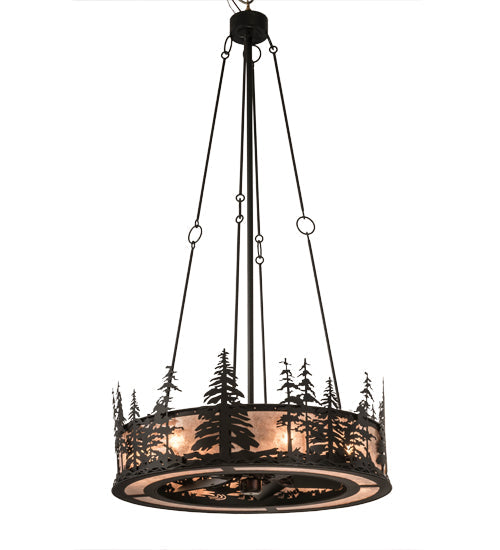 Meyda Lighting Tall Pines 45" 8-Light Satin Black Wrought Iron Chandelier With Silver Mica Shade Glass and Fan