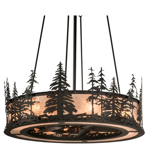 Meyda Lighting Tall Pines 45" 8-Light Satin Black Wrought Iron Chandelier With Silver Mica Shade Glass and Fan