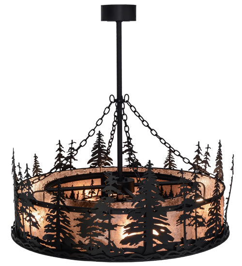 Meyda Lighting Tall Pines 45" 8-Light Textured Black Chandelier With Silver Mica Shade Glass and Fan