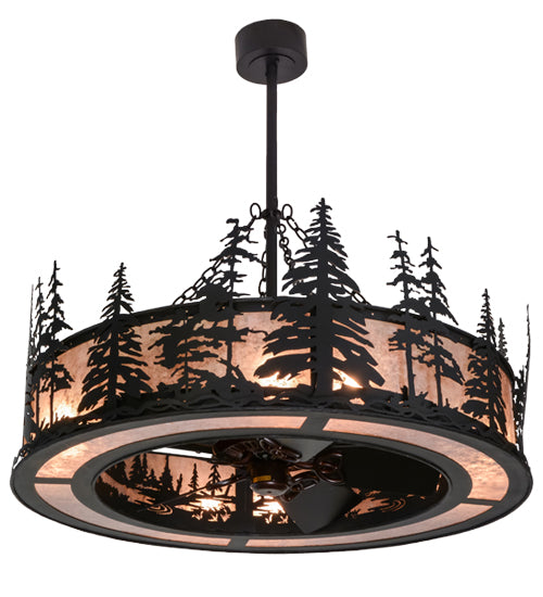Meyda Lighting Tall Pines 45" 8-Light Textured Black Chandelier With Silver Mica Shade Glass and Fan
