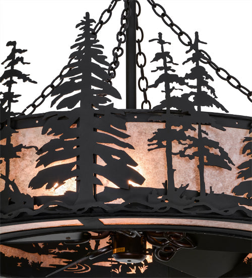 Meyda Lighting Tall Pines 45" 8-Light Textured Black Chandelier With Silver Mica Shade Glass and Fan