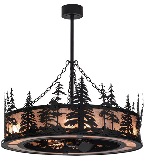 Meyda Lighting Tall Pines 45" 8-Light Textured Black Chandelier With Silver Mica Shade Glass and Fan