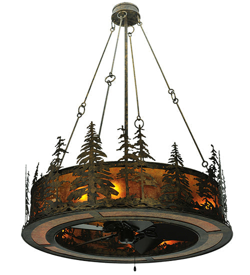 Meyda Lighting Tall Pines 46" 8-Light Antique Bronze Chandelier With Amber Mica Shade Glass and Black Fan