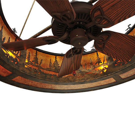 Meyda Lighting Tall Pines 46" 8-Light Antique Bronze Chandelier With Amber Mica Shade Glass and Black Fan