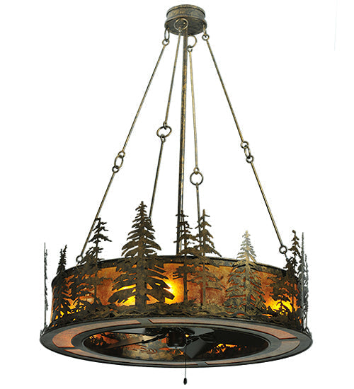 Meyda Lighting Tall Pines 46" 8-Light Antique Bronze Chandelier With Amber Mica Shade Glass and Black Fan