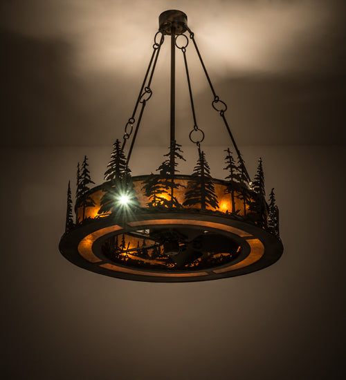 Meyda Lighting Tall Pines 48" 13-Light Dark Burnished Antique Copper Chandelier With Amber Mica Shade Glass and Fan