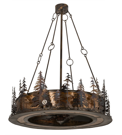 Meyda Lighting Tall Pines 48" 13-Light Dark Burnished Antique Copper Chandelier With Amber Mica Shade Glass and Fan