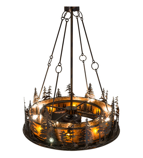 Meyda Lighting Tall Pines 48" 13-Light Dark Burnished Antique Copper Chandelier With Amber Mica Shade Glass and Fan