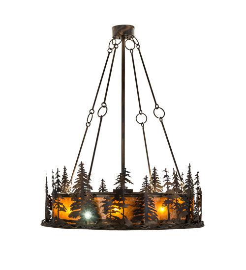 Meyda Lighting Tall Pines 48" 13-Light Dark Burnished Antique Copper Chandelier With Amber Mica Shade Glass and Fan